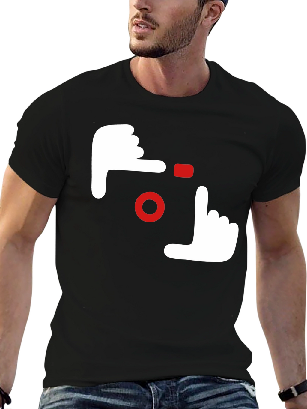 Camera Hands Gesture Graphic Tee - Black Cotton Casual