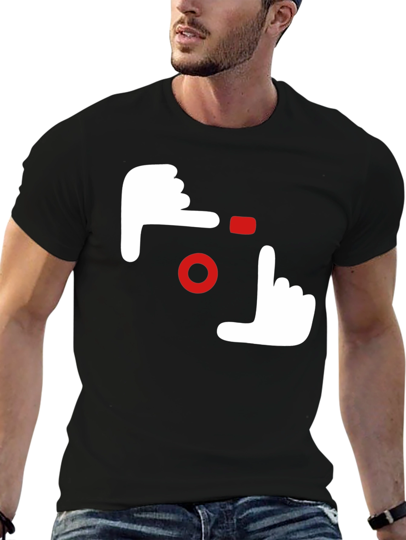Camera Hands Gesture Graphic Tee - Black Cotton Casual