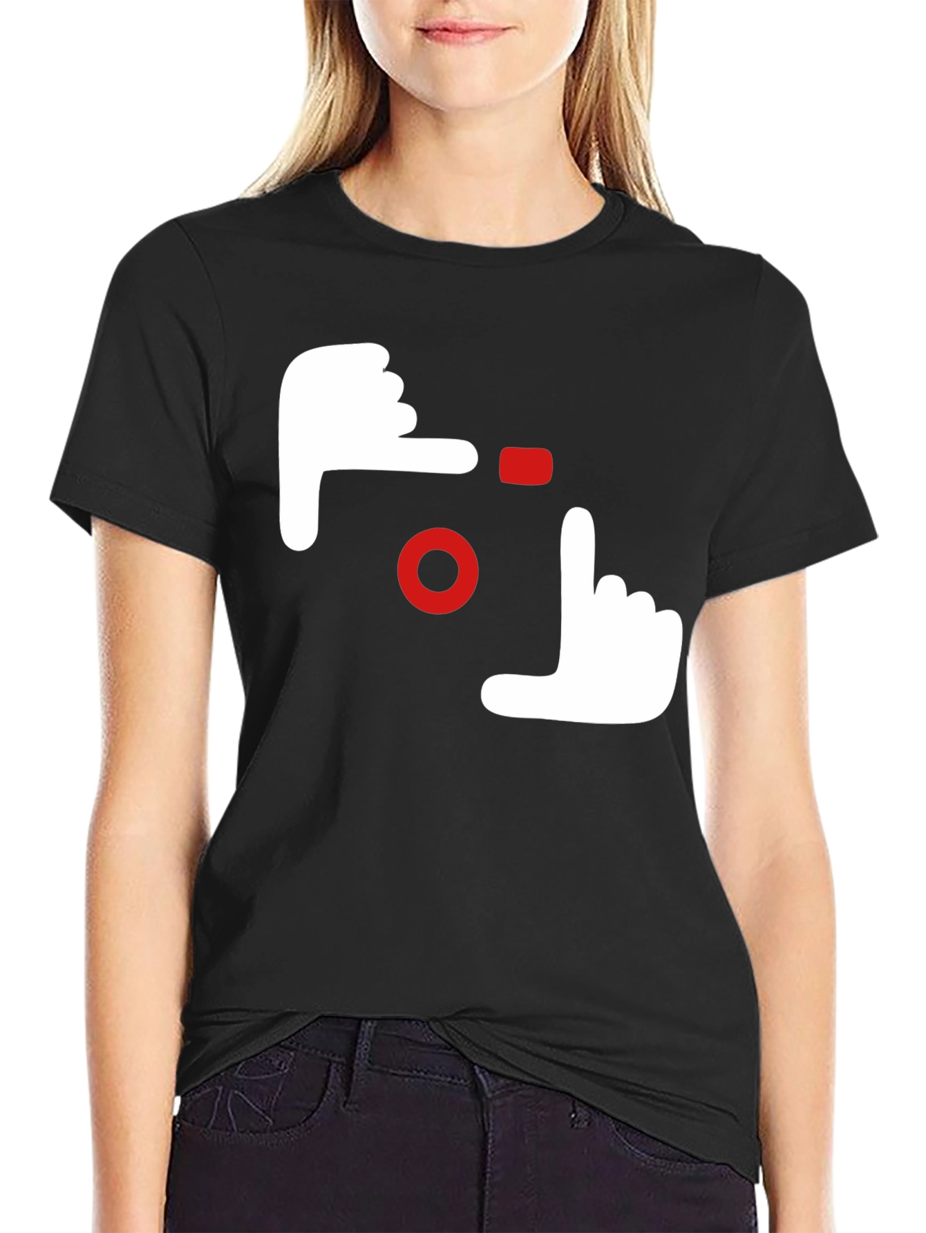 Camera Hands Gesture Graphic Tee - Black Cotton Casual