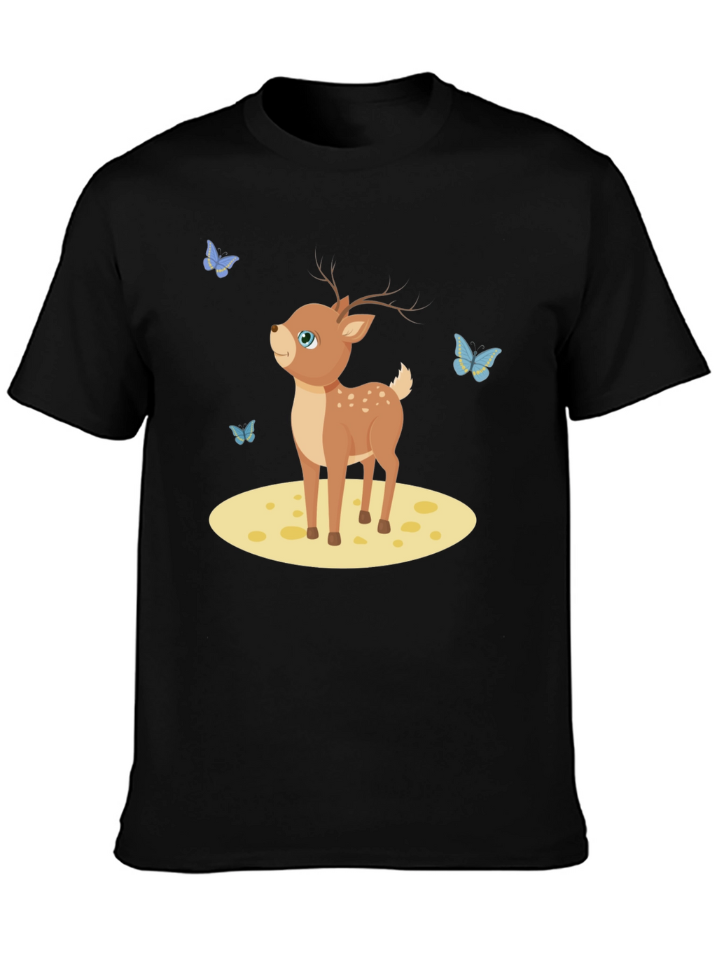 Cute Deer and Butterflies Black T-Shirt