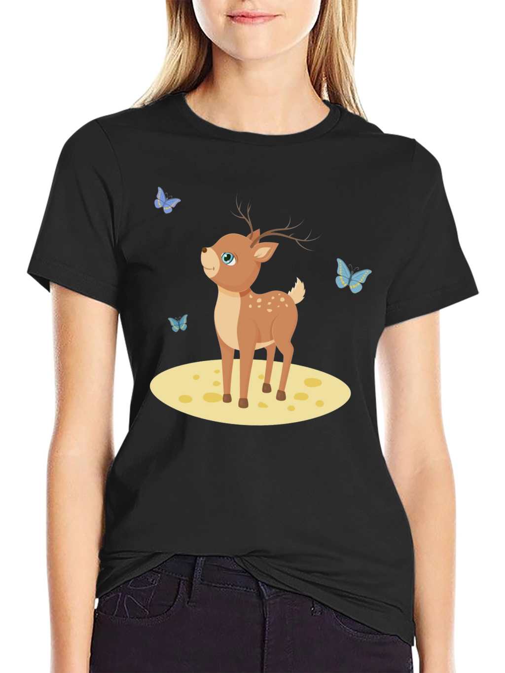 Cute Deer and Butterflies Black T-Shirt