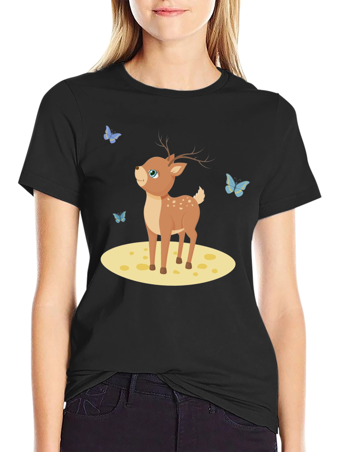 Cute Deer and Butterflies Black T-Shirt