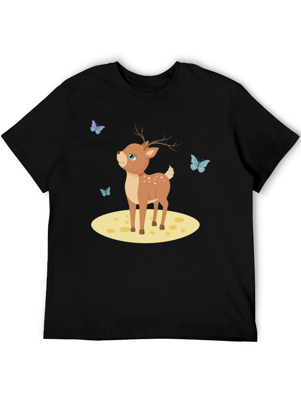 Cute Deer and Butterflies Black T-Shirt