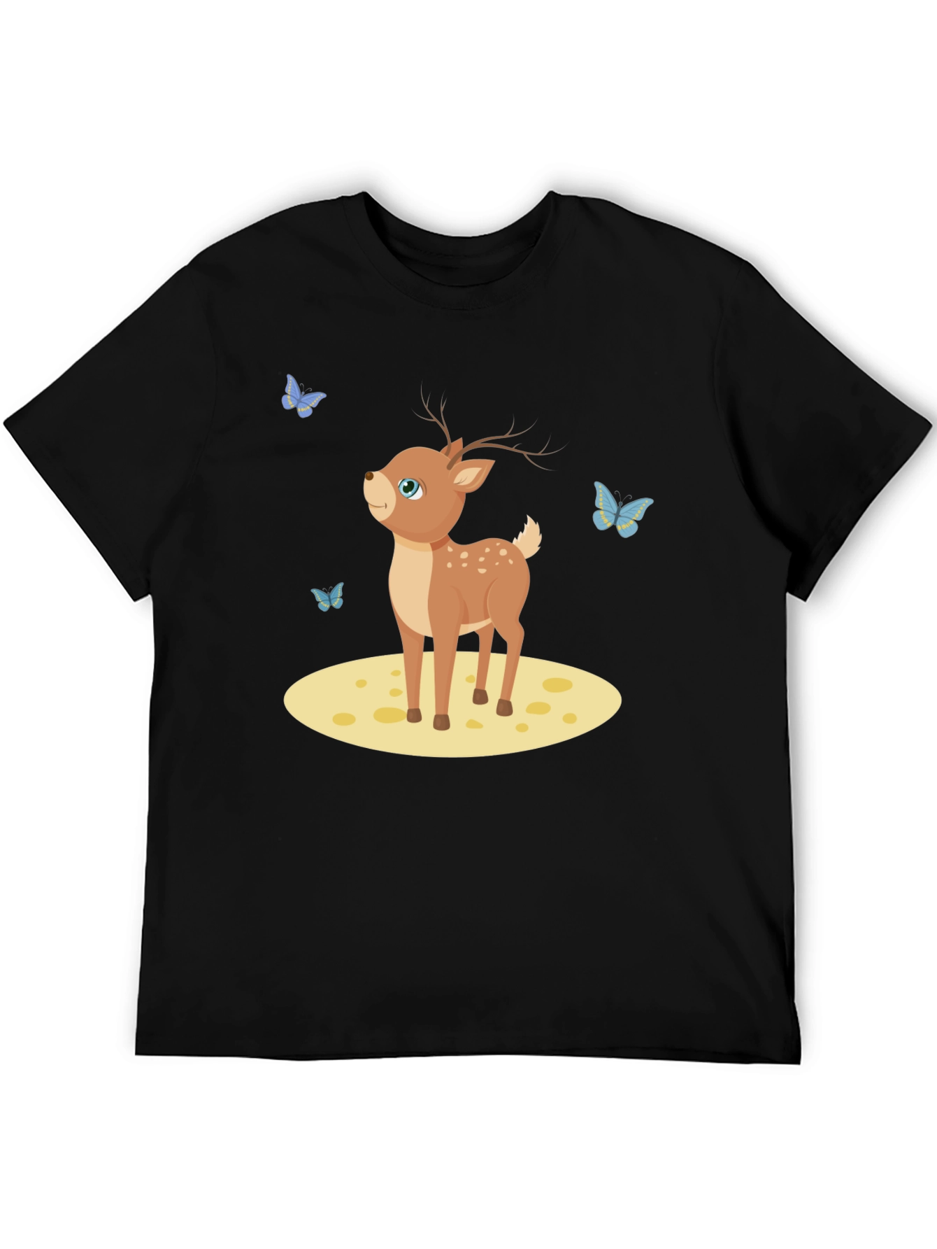 Cute Deer and Butterflies Black T-Shirt