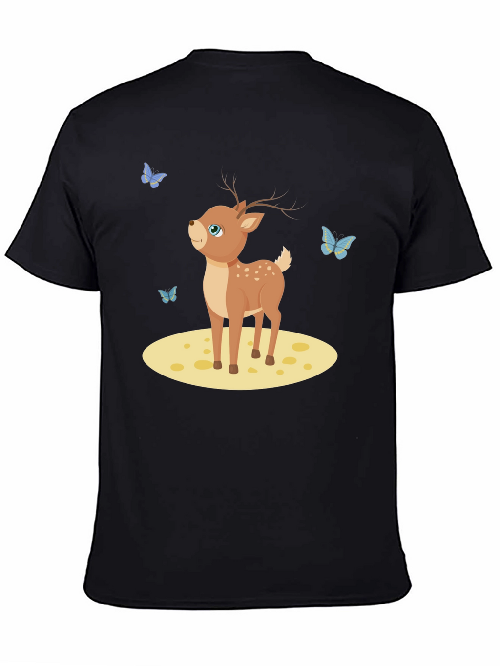 Cute Deer and Butterflies Black T-Shirt