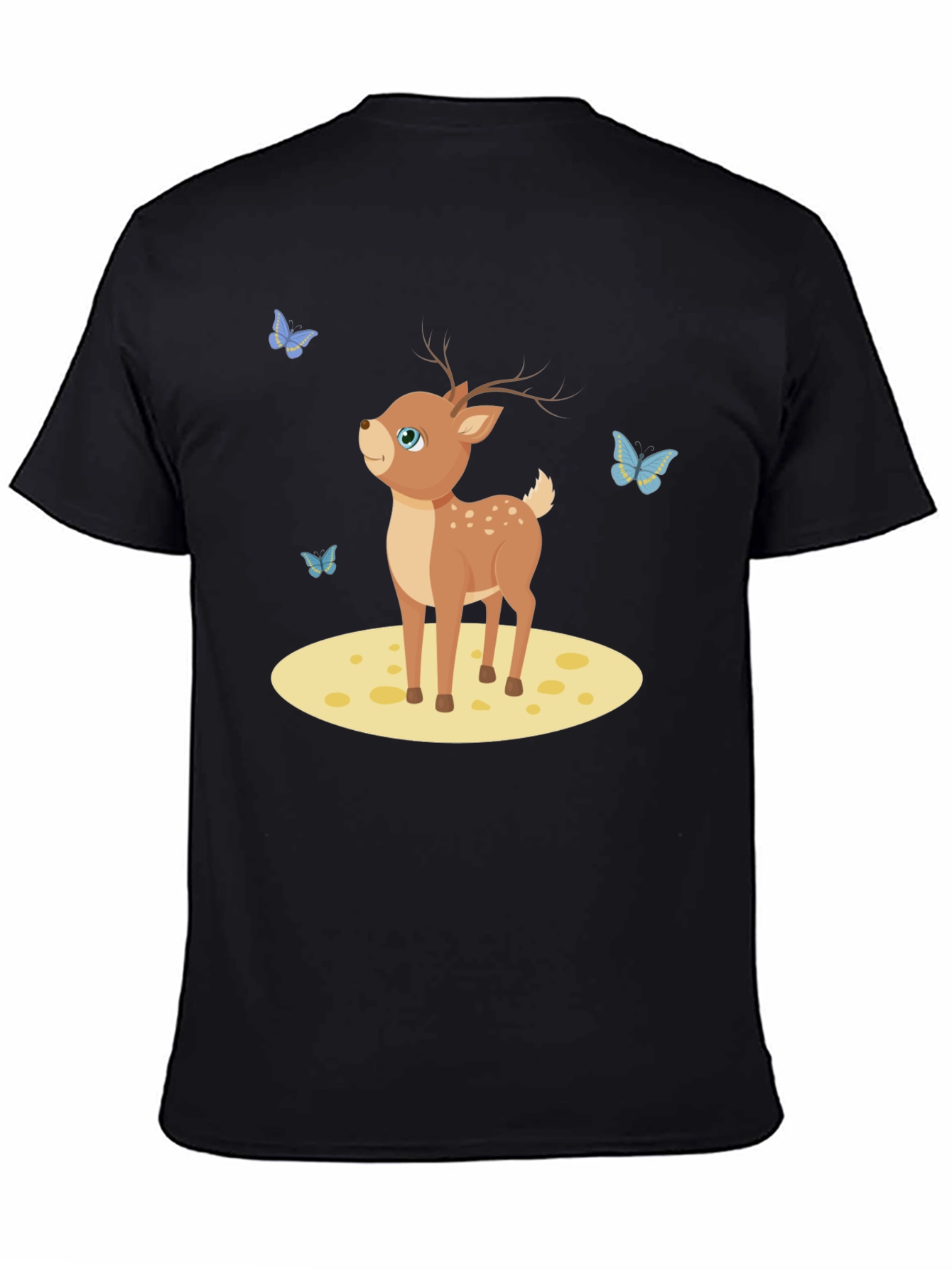 Cute Deer and Butterflies Black T-Shirt