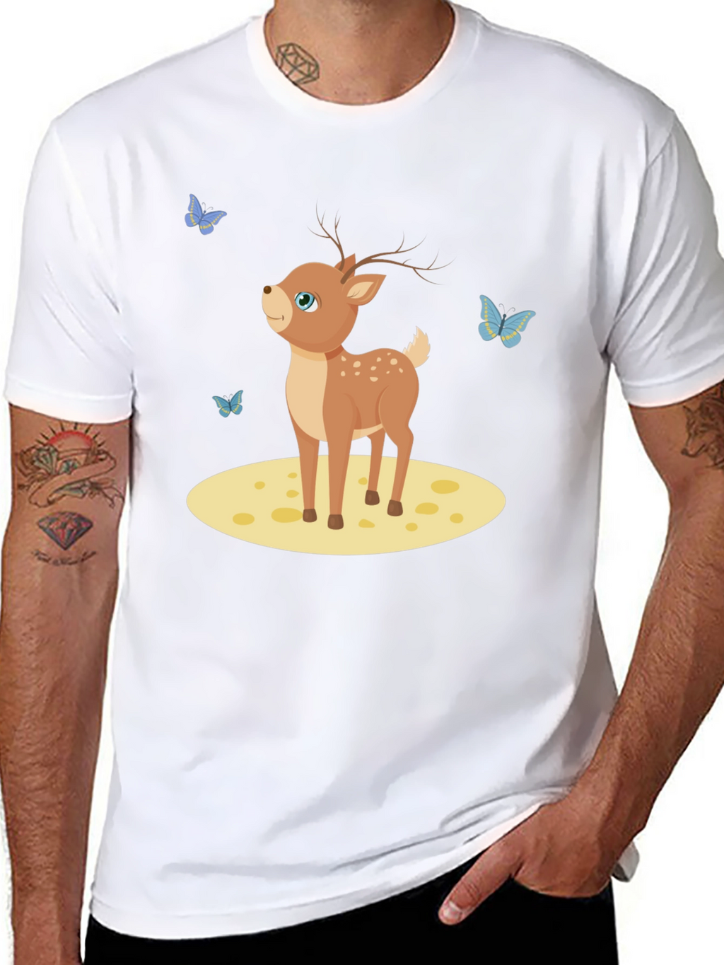 Cute Deer and Butterflies Black T-Shirt