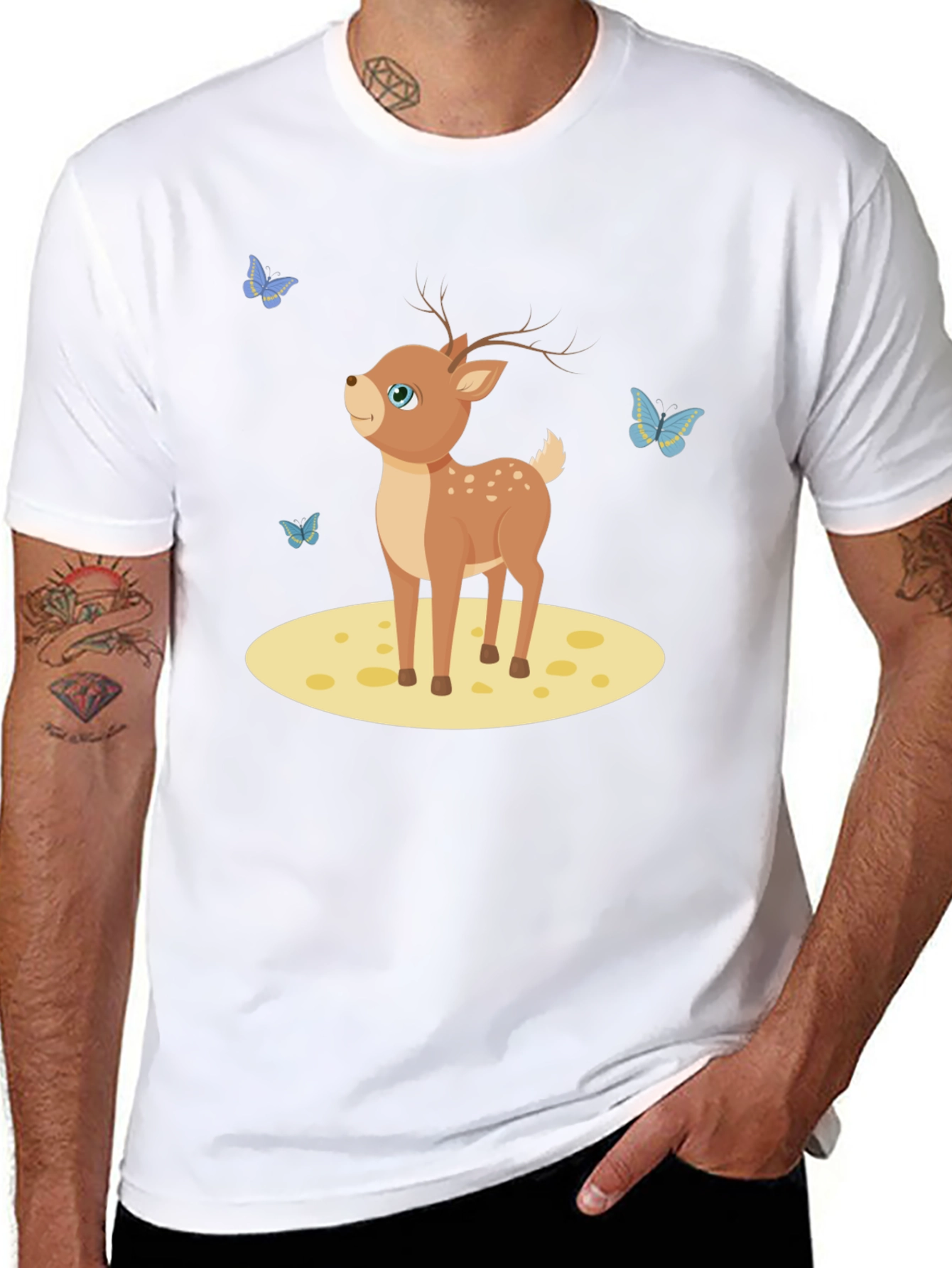 Cute Deer and Butterflies Black T-Shirt