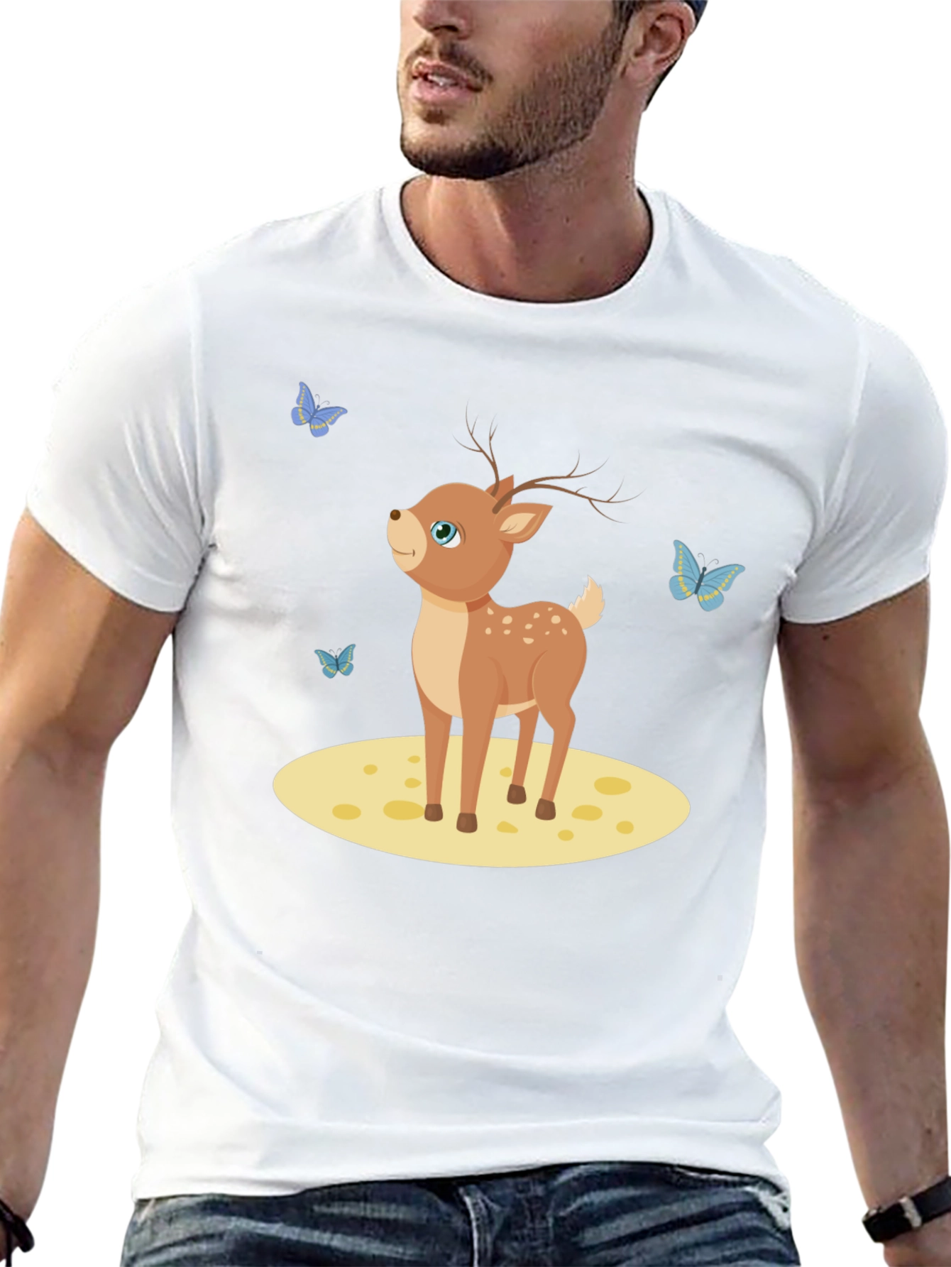 Cute Deer and Butterflies Black T-Shirt