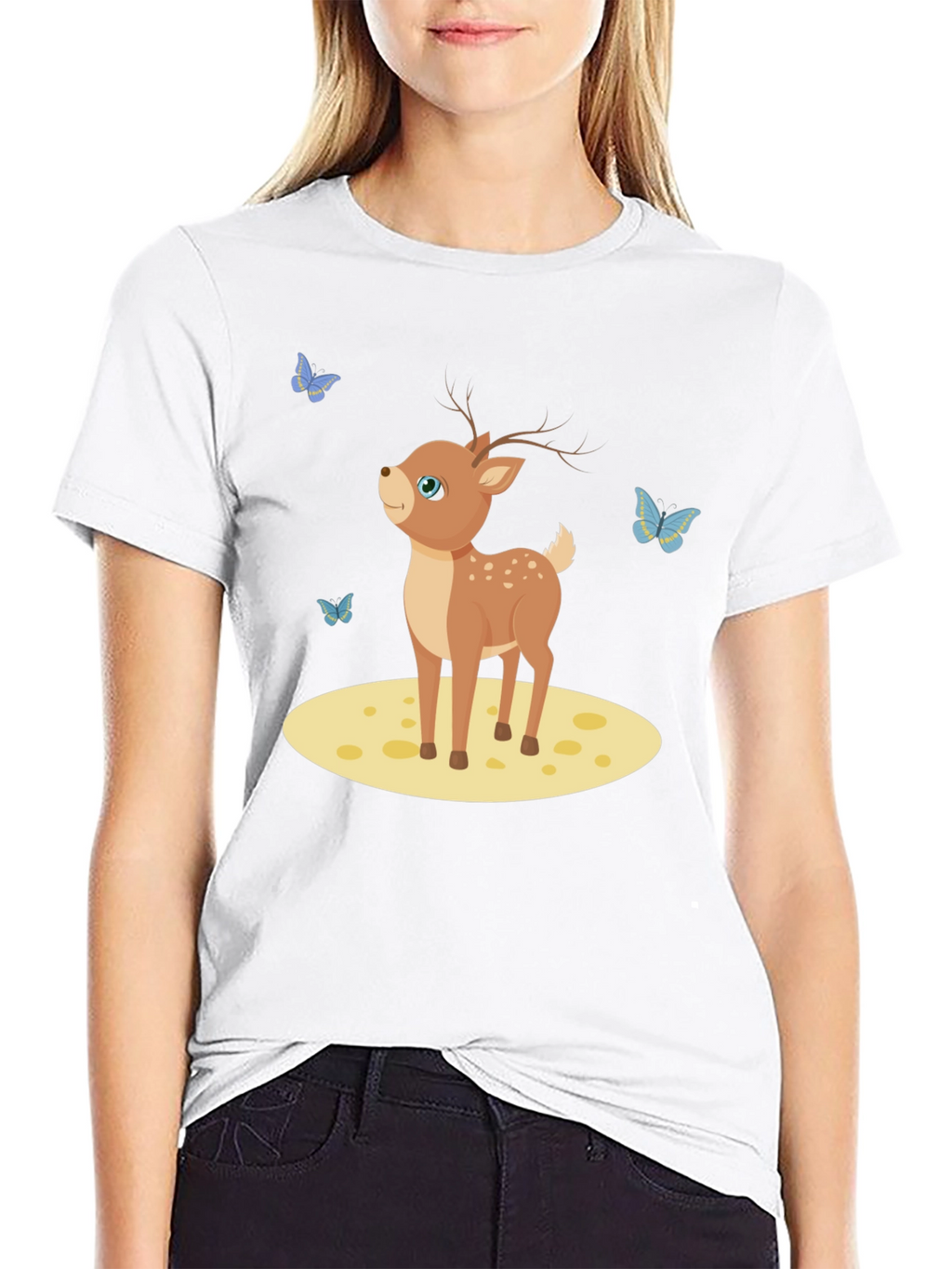 Cute Deer and Butterflies Black T-Shirt