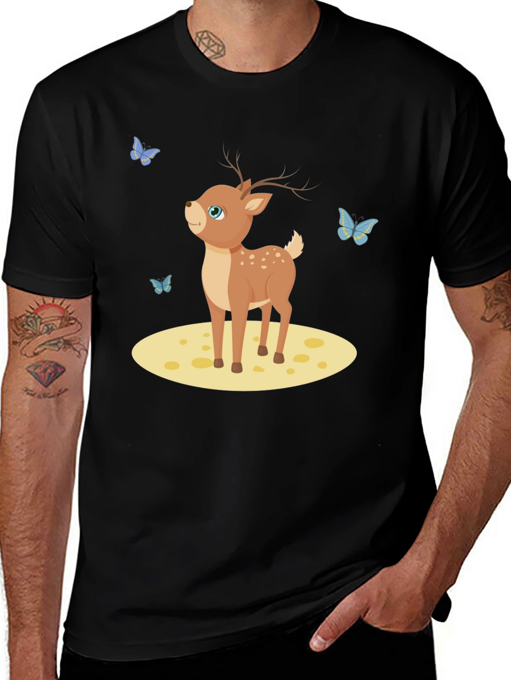 Cute Deer and Butterflies Black T-Shirt
