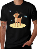 Cute Deer and Butterflies Black T-Shirt