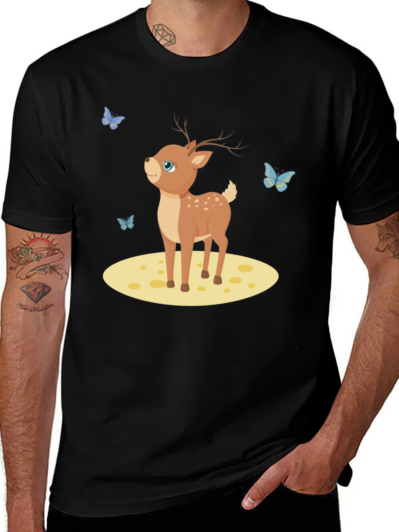 Cute Deer and Butterflies Black T-Shirt