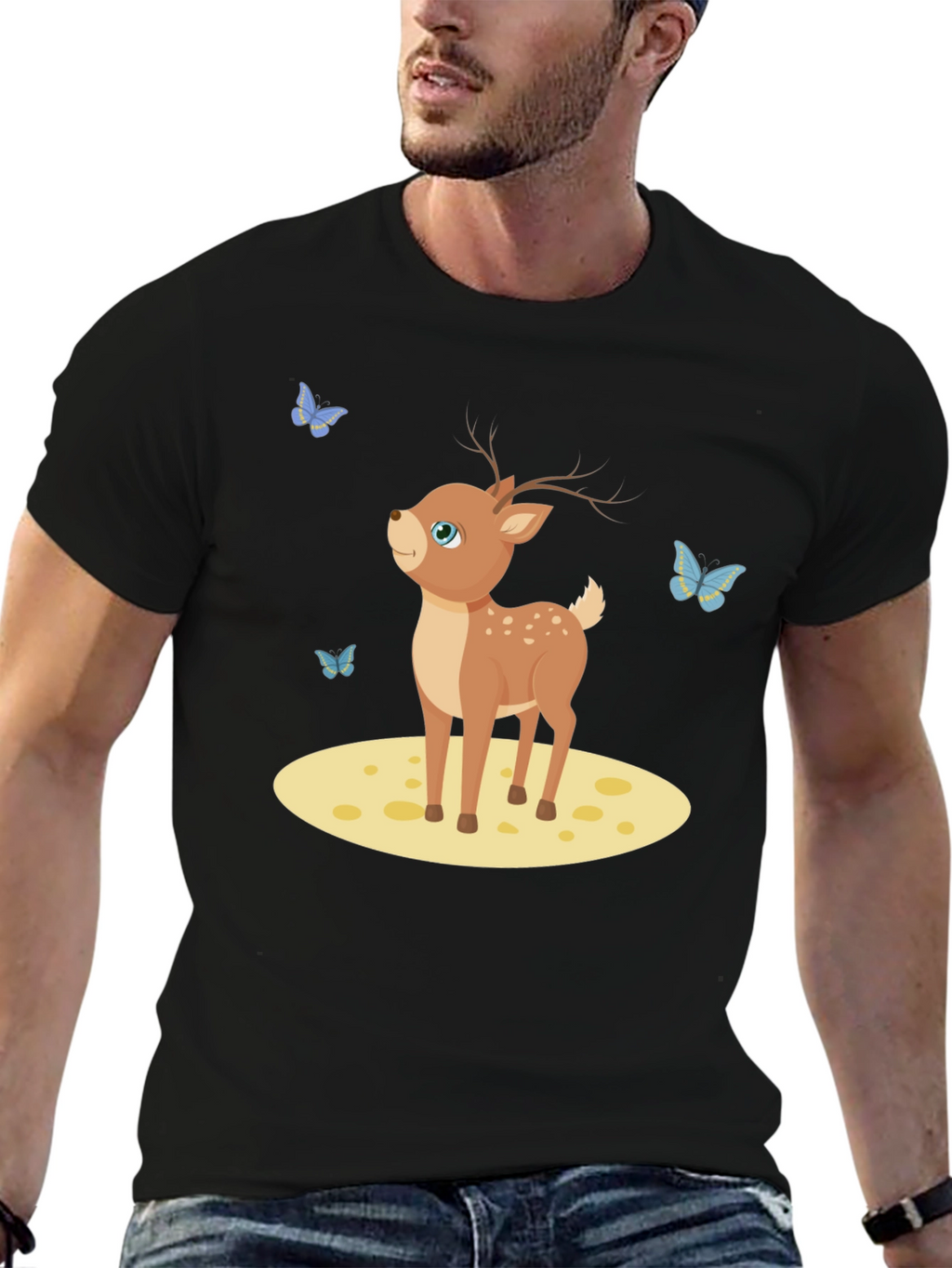 Cute Deer and Butterflies Black T-Shirt