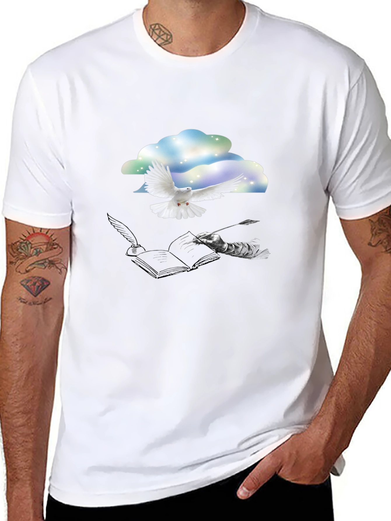 Dove & Writer T-Shirt - Artistic Black Tee