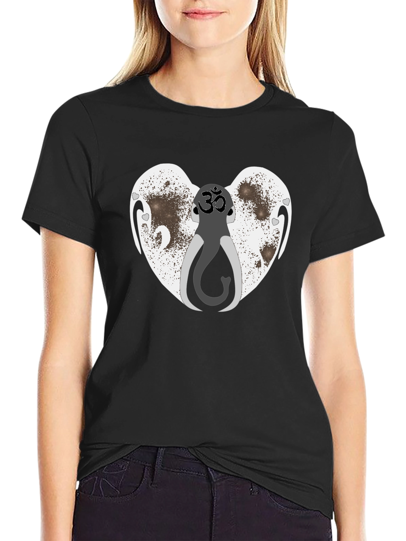 Om Elephant Heart Graphic Tee - Black Cotton Blend Shirt