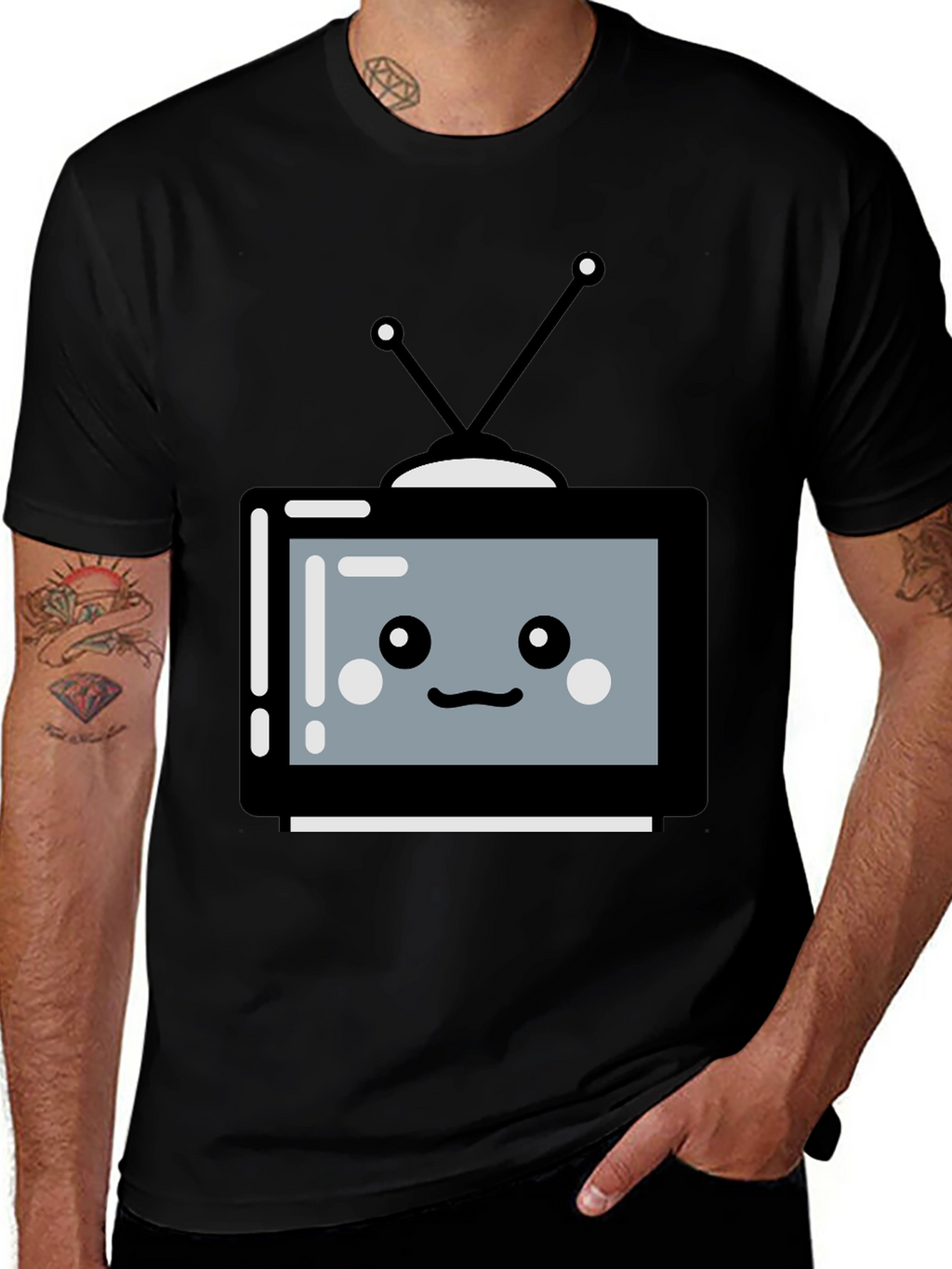 Cute Cartoon TV Graphic Tee - Unisex Black T-Shirt