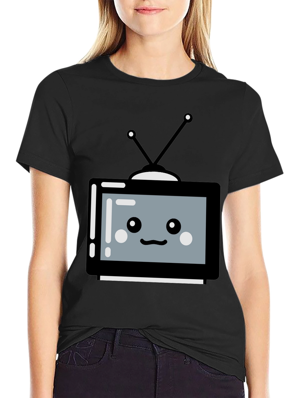 Cute Cartoon TV Graphic Tee - Unisex Black T-Shirt
