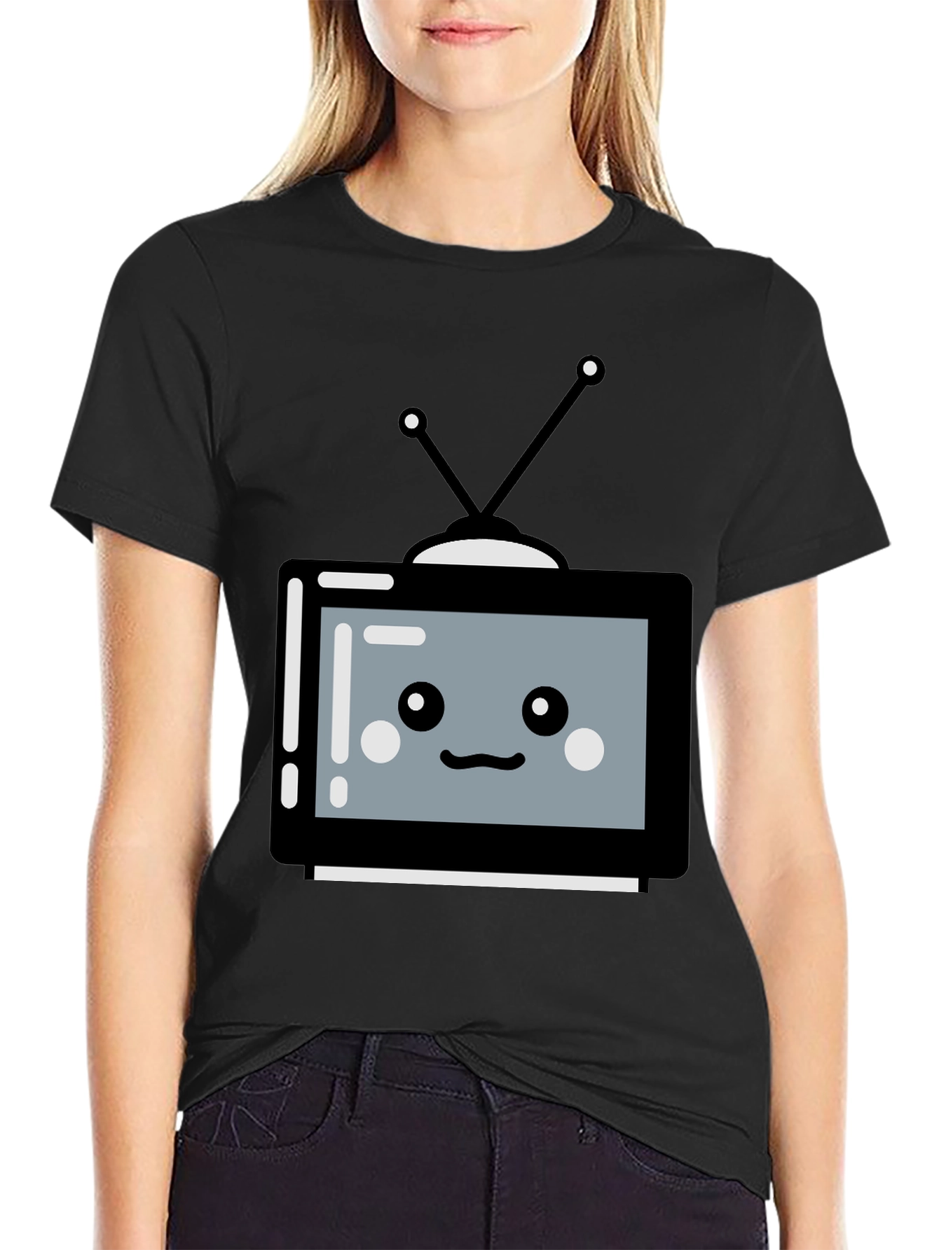Cute Cartoon TV Graphic Tee - Unisex Black T-Shirt