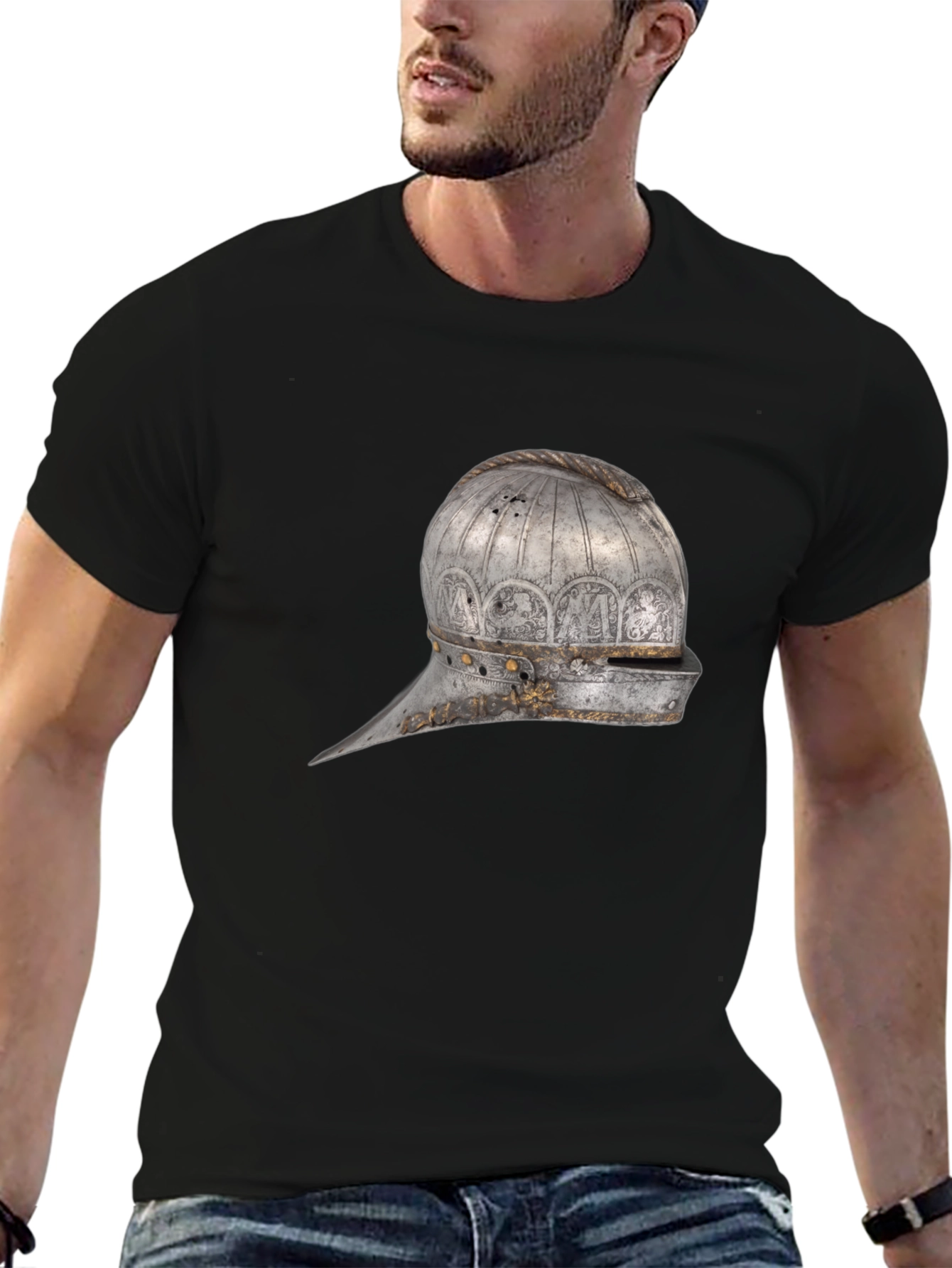 Medieval Helmet Graphic Tee - Black Cotton Shirt