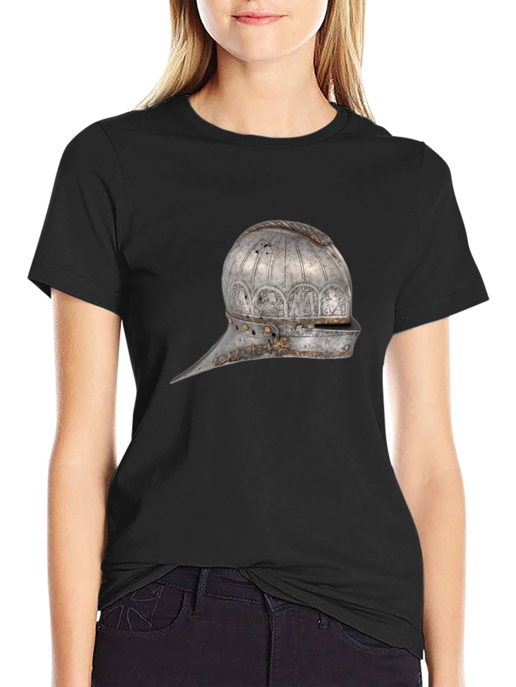 Medieval Helmet Graphic Tee - Black Cotton Shirt
