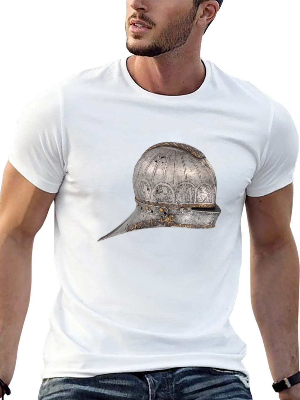 Medieval Helmet Graphic Tee - Black Cotton Shirt