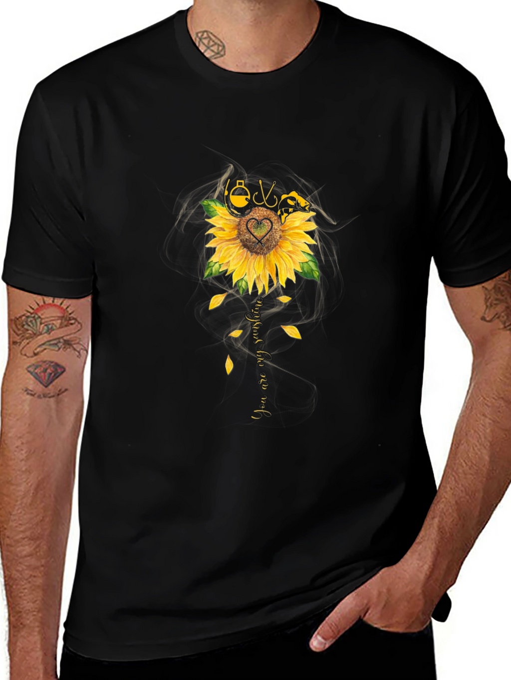 Fishing Sunflower Graphic T-Shirt - Black