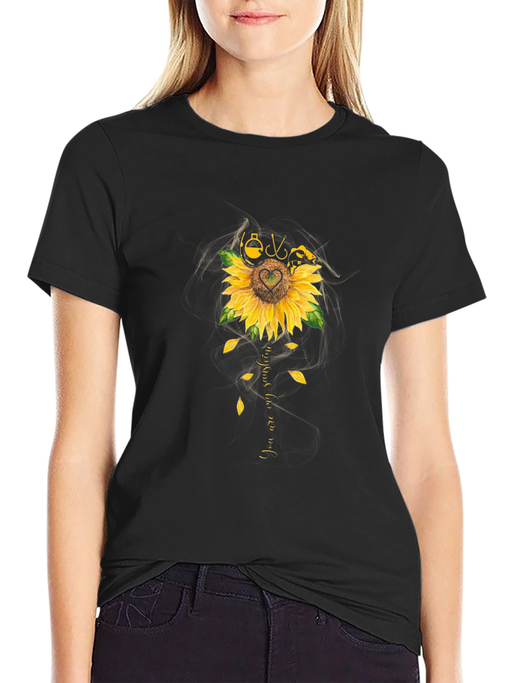 Fishing Sunflower Graphic T-Shirt - Black