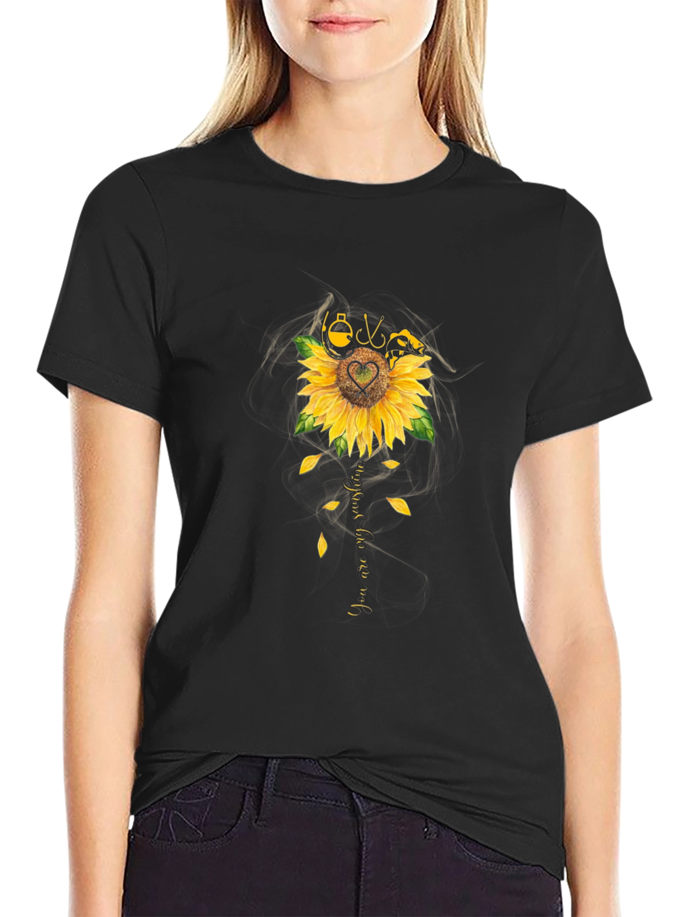 Fishing Sunflower Graphic T-Shirt - Black