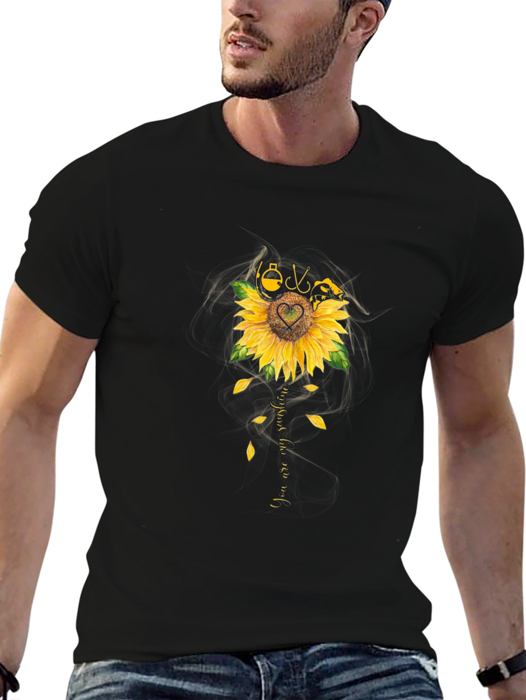 Fishing Sunflower Graphic T-Shirt - Black