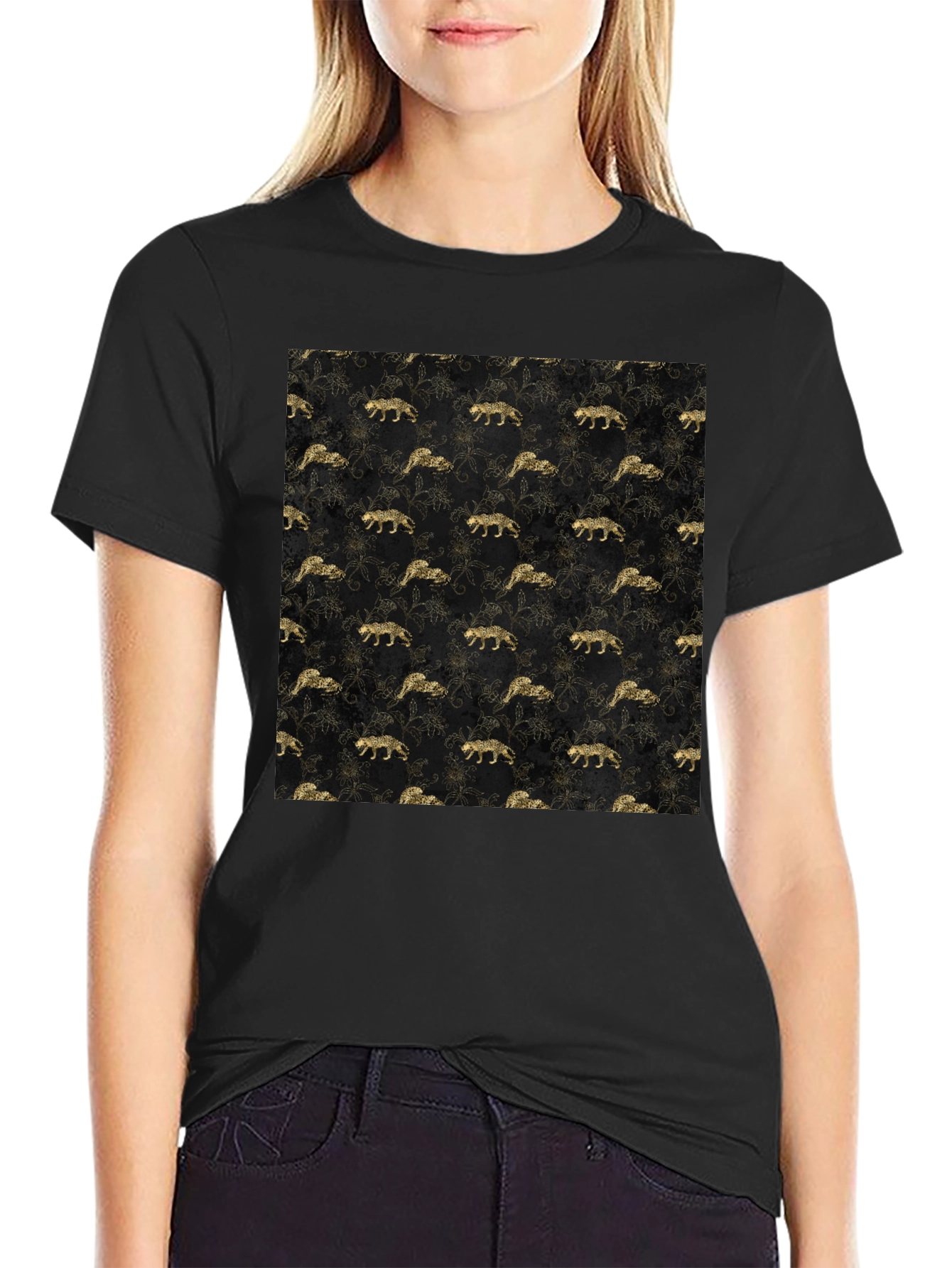 Gold Leopard Print Black T-Shirt