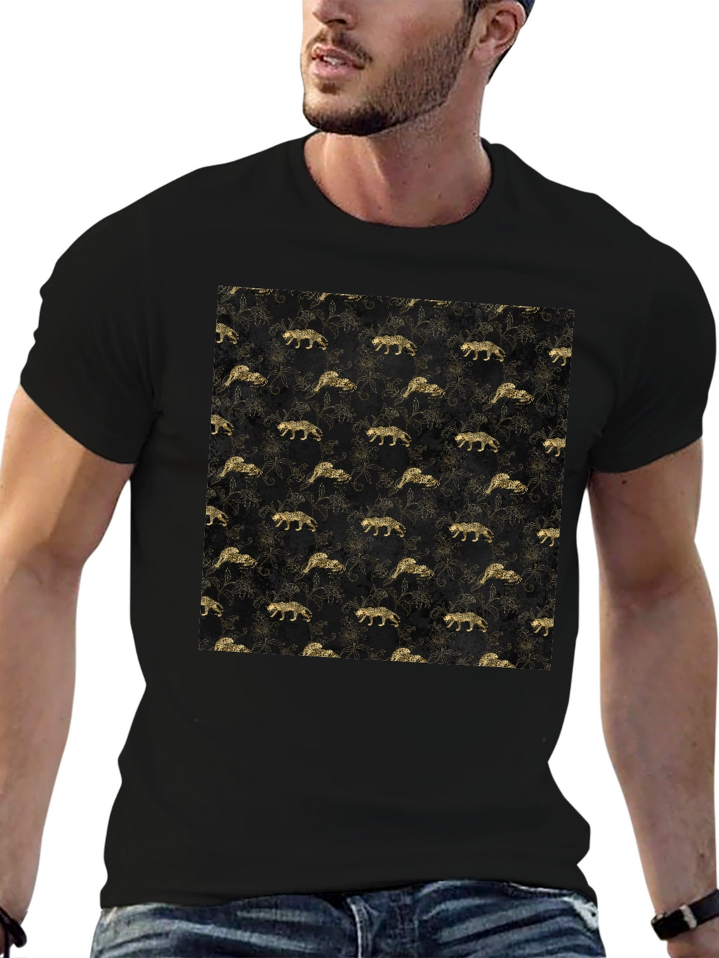 Gold Leopard Print Black T-Shirt