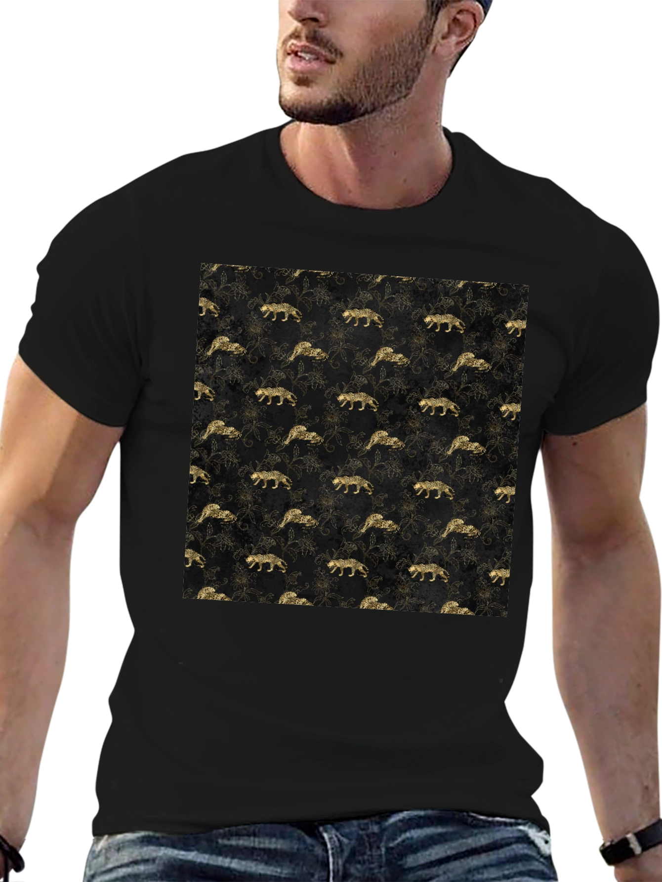 Gold Leopard Print Black T-Shirt