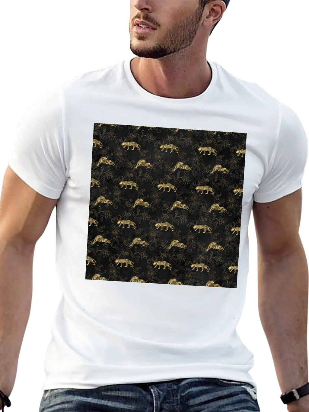Gold Leopard Print Black T-Shirt