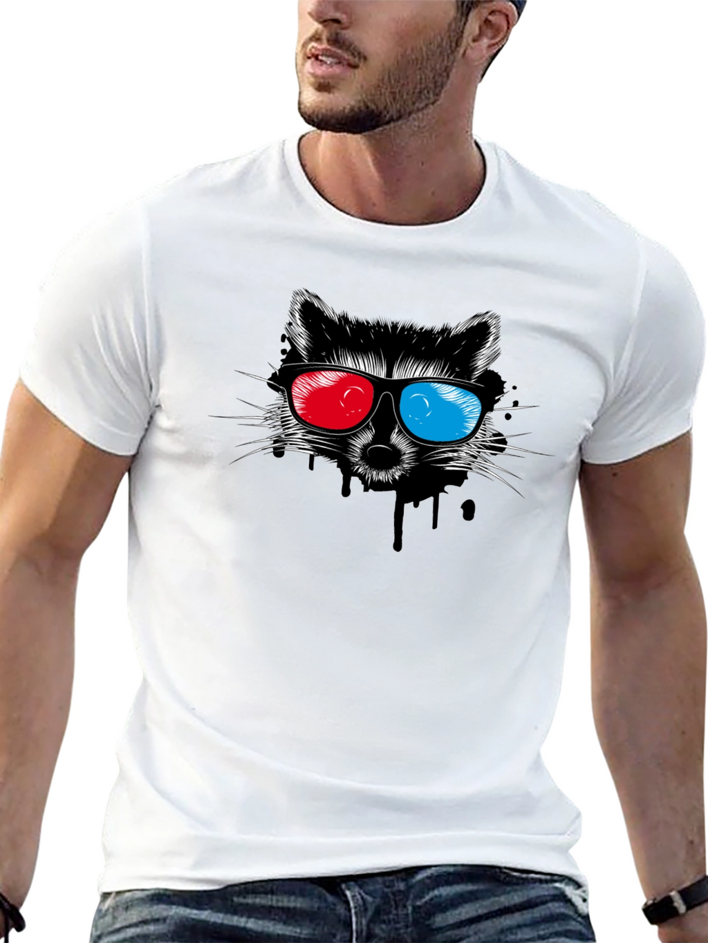 Cool Raccoon 3D Glasses Graphic Black T-Shirt