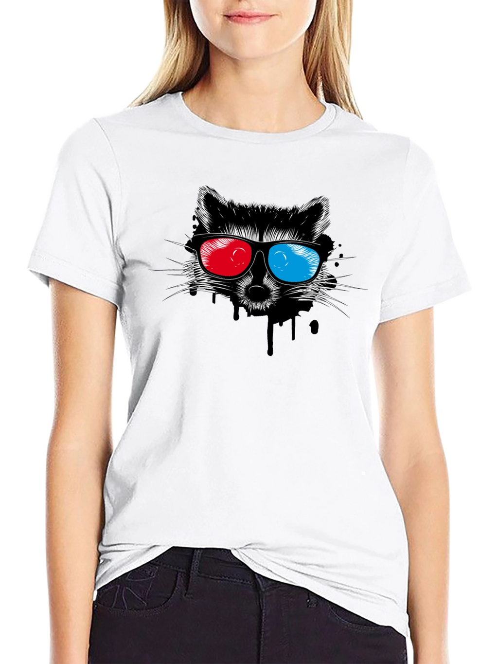 Cool Raccoon 3D Glasses Graphic Black T-Shirt