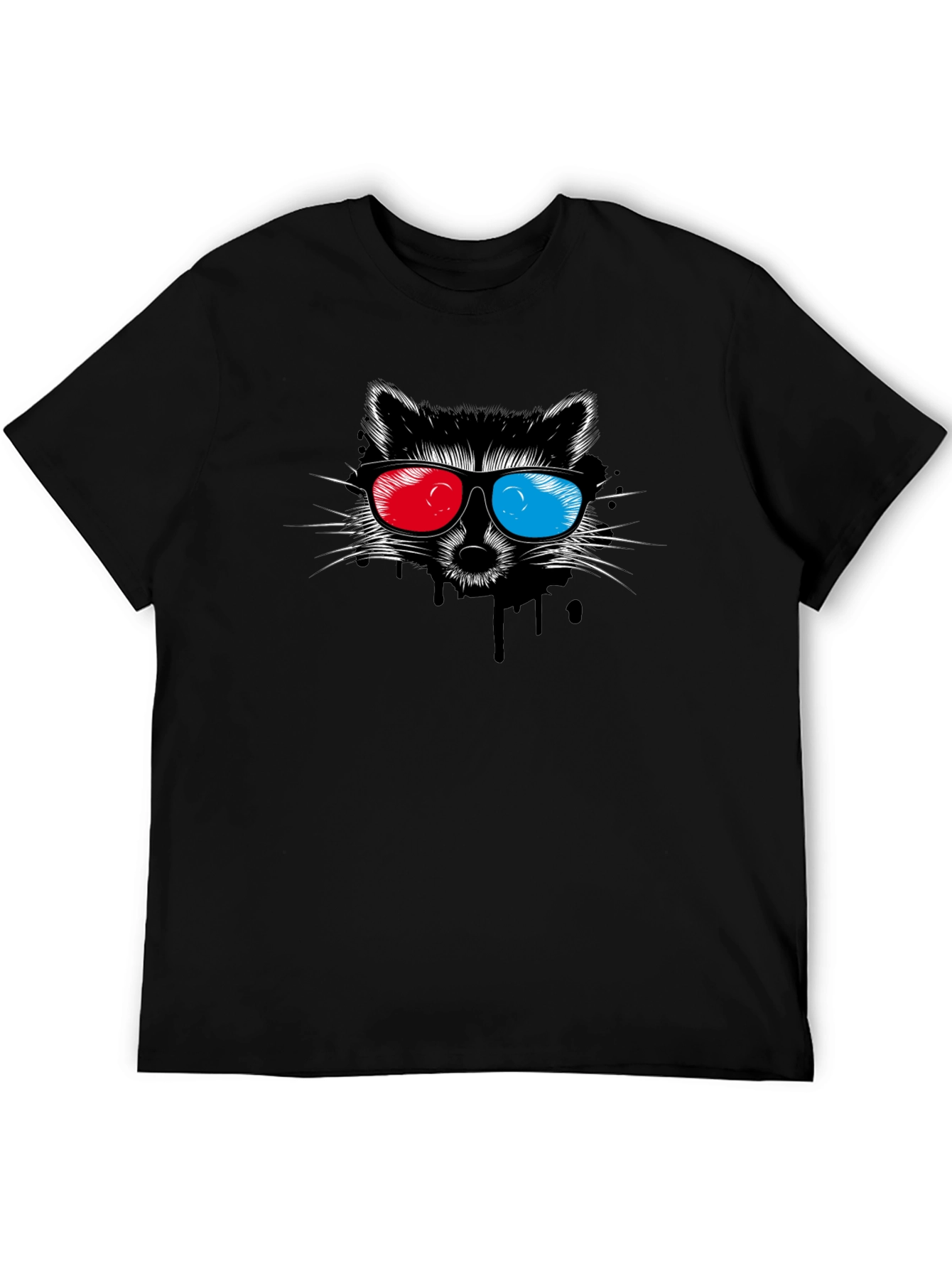 Cool Raccoon 3D Glasses Graphic Black T-Shirt