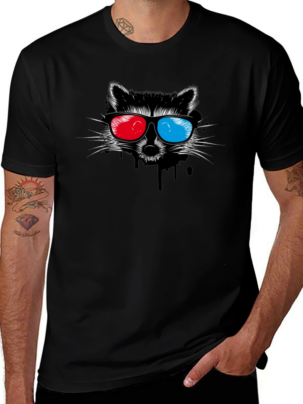Cool Raccoon 3D Glasses Graphic Black T-Shirt