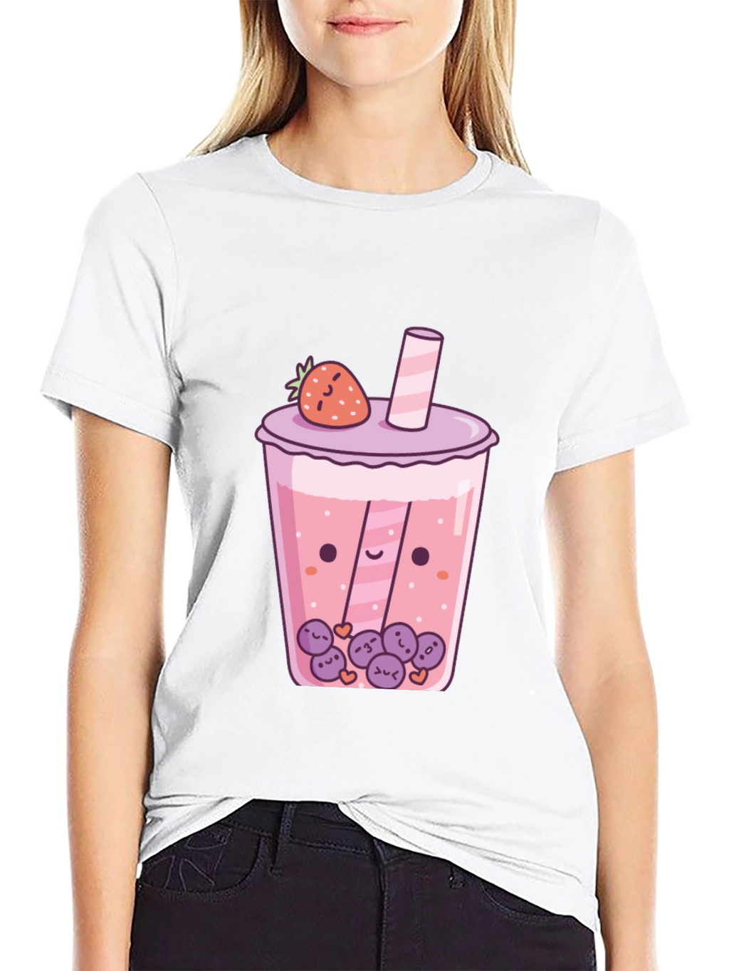 Kawaii Strawberry Boba Tea Graphic T-Shirt