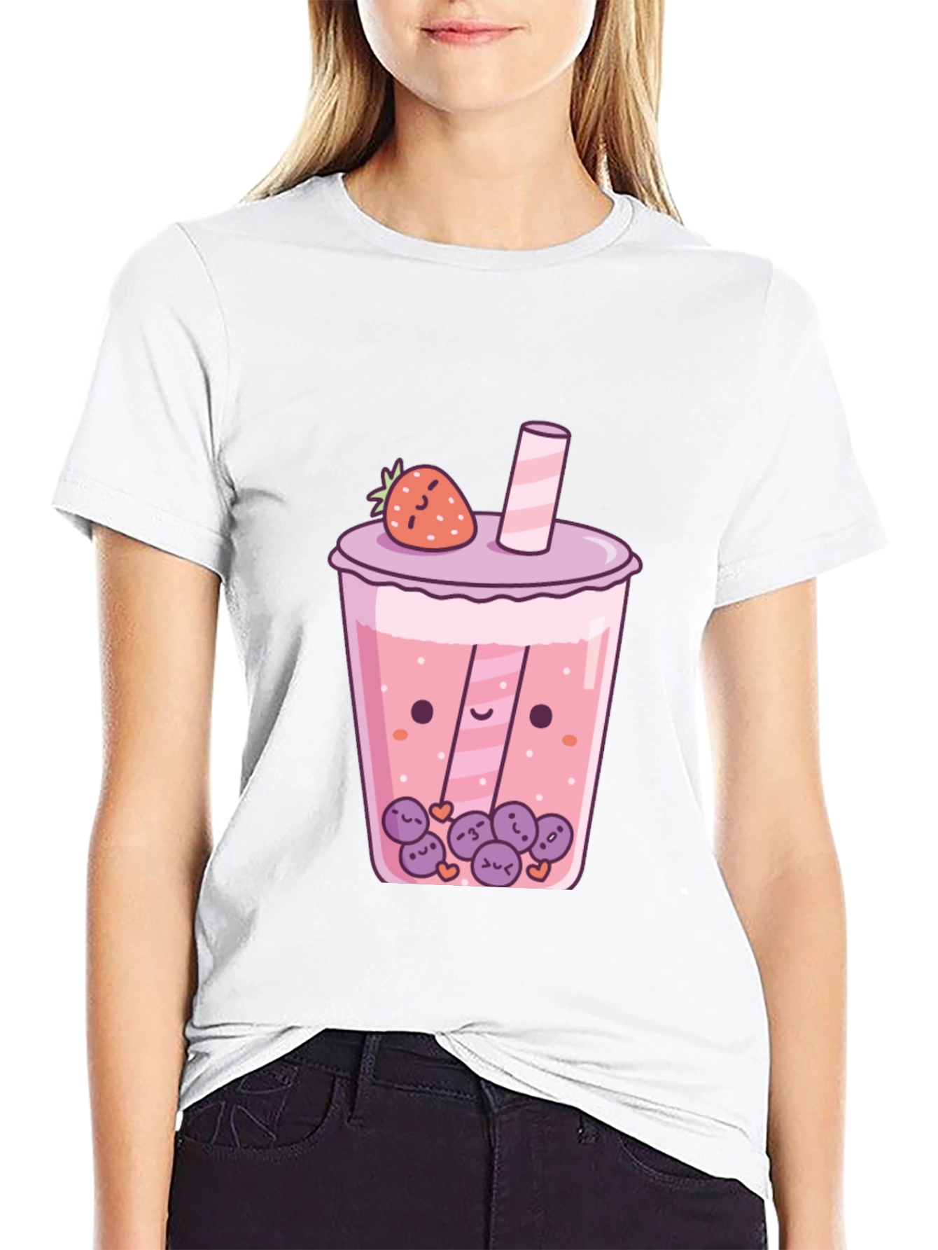 Kawaii Strawberry Boba Tea Graphic T-Shirt