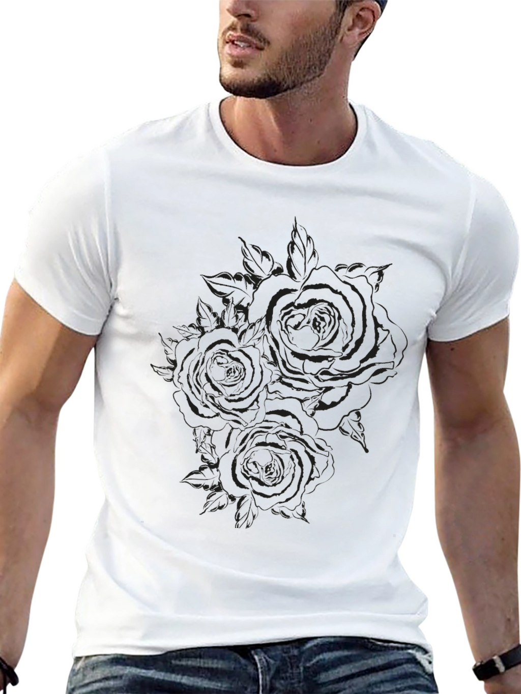 Black Rose Print Crew Neck T-Shirt