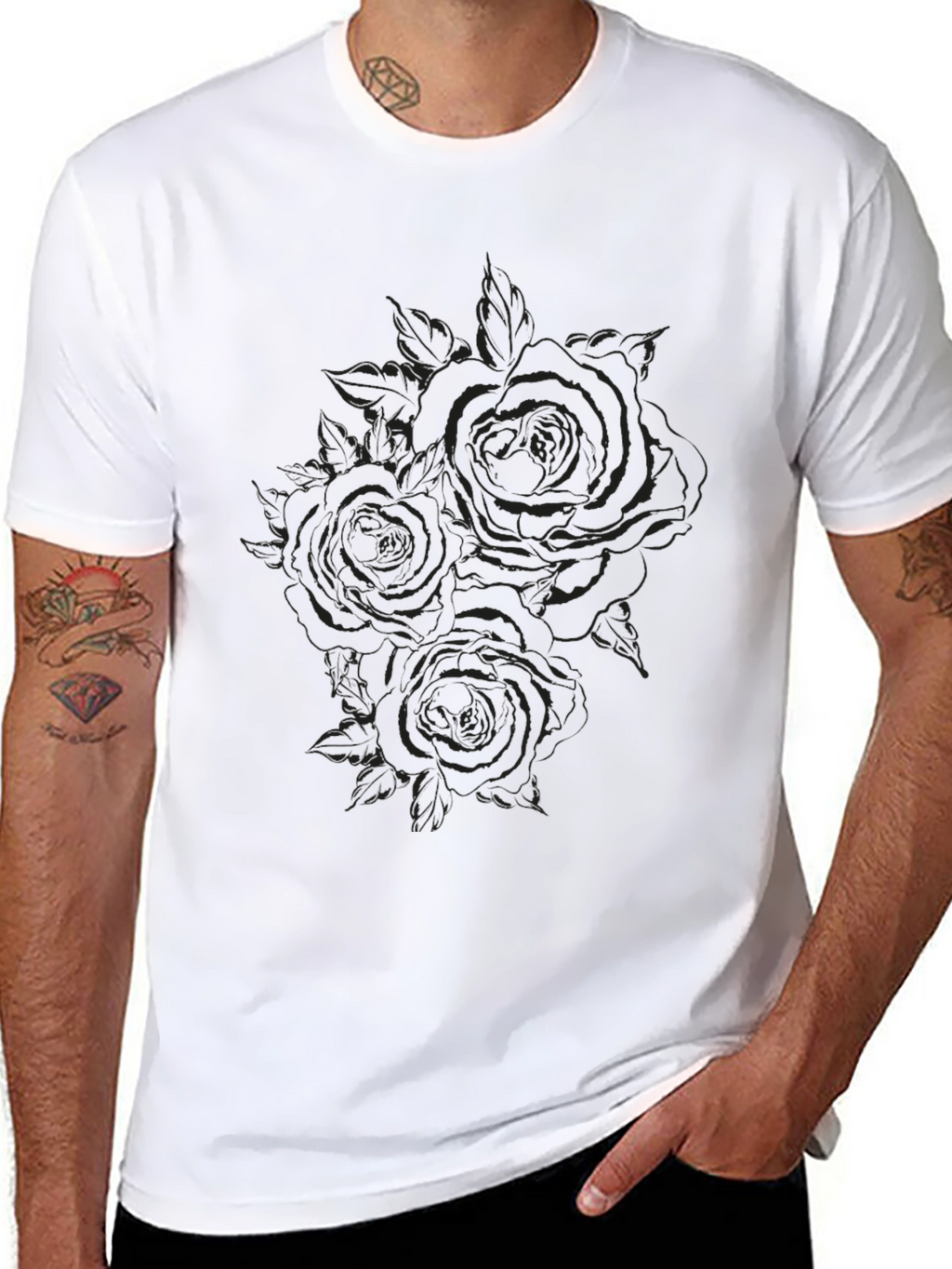 Black Rose Print Crew Neck T-Shirt