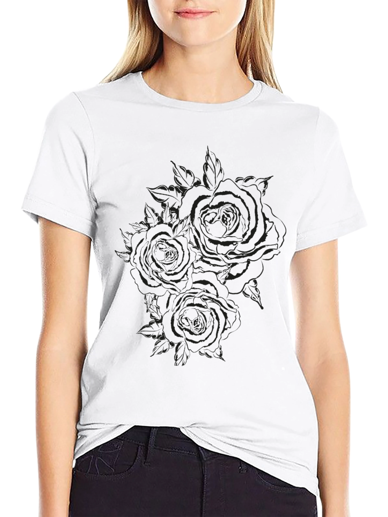 Black Rose Print Crew Neck T-Shirt