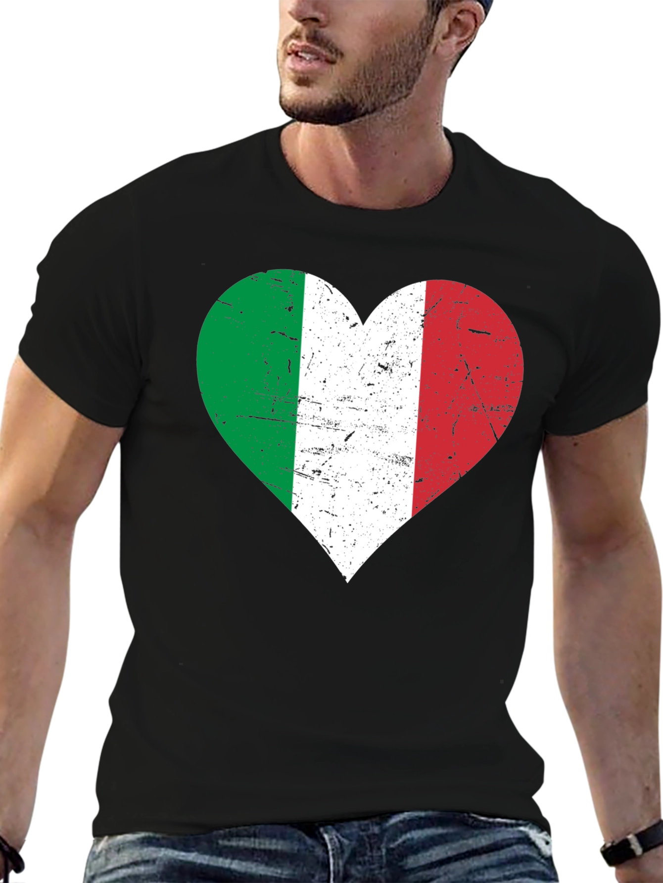 Italian Flag Heart Graphic Tee - Black Casual Shirt