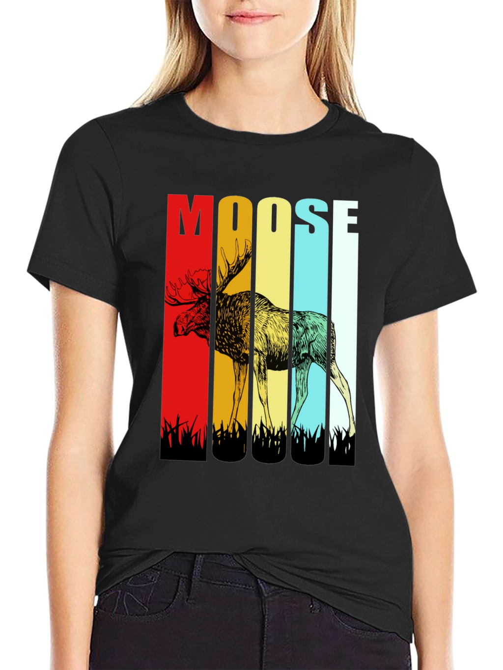 Retro Moose Graphic Tee - Black Cotton T-Shirt