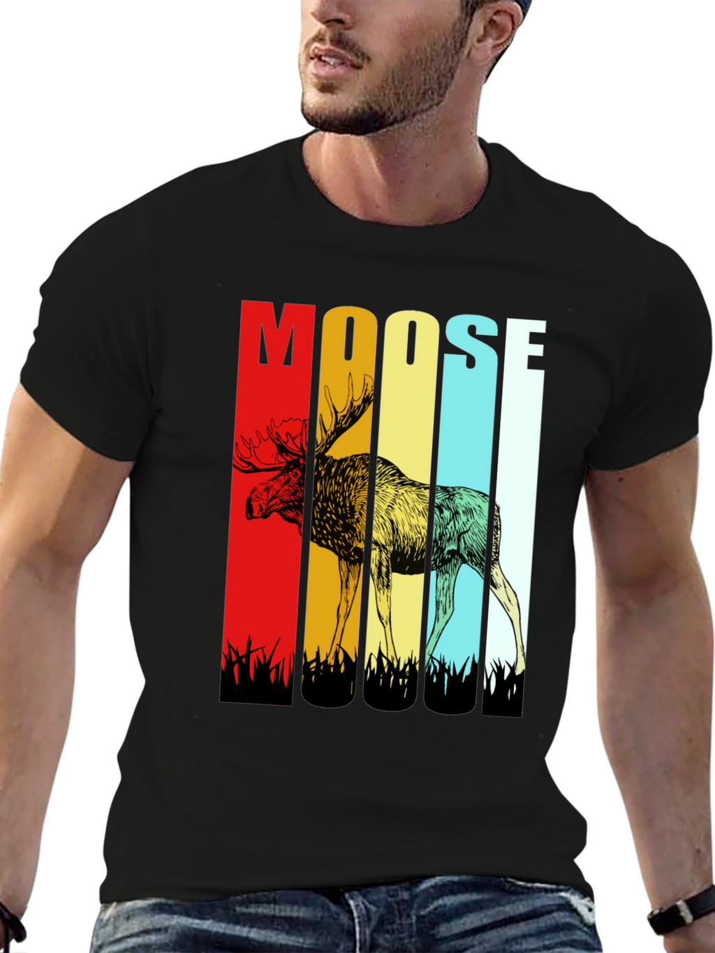Retro Moose Graphic Tee - Black Cotton T-Shirt