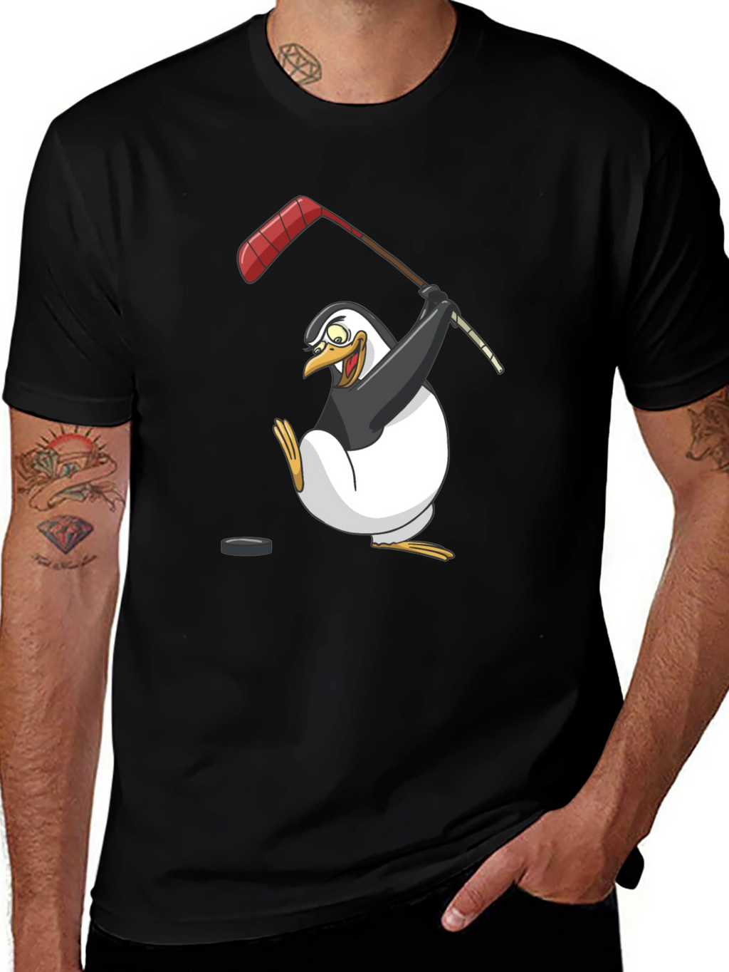 Penguin Hockey Player Graphic T-Shirt