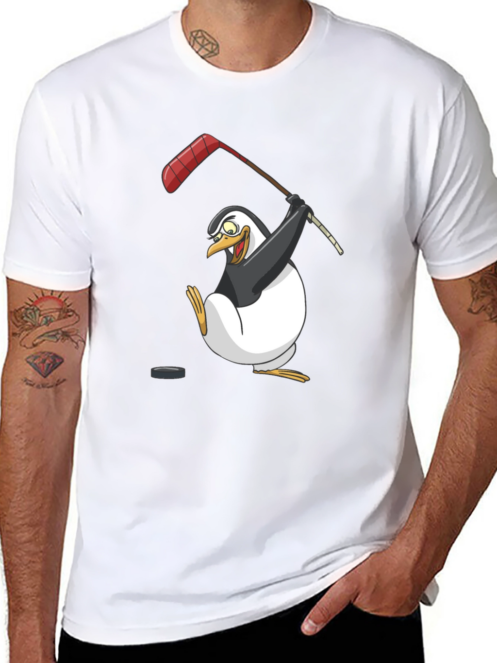 Penguin Hockey Player Graphic T-Shirt