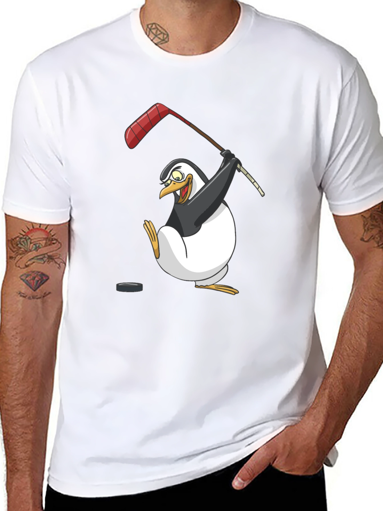 Penguin Hockey Player Graphic T-Shirt