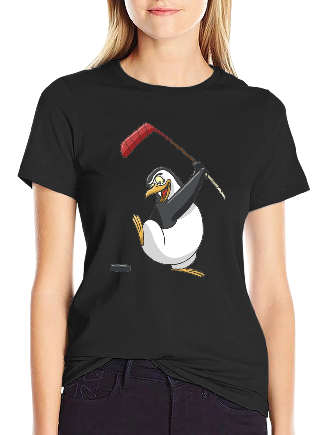 Penguin Hockey Player Graphic T-Shirt